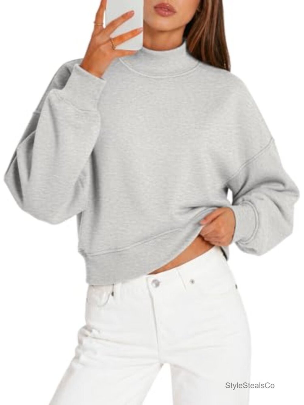 Womens Cropped Sweatshirt Mock Neck Turtleneck Cotton Polyester Pullover